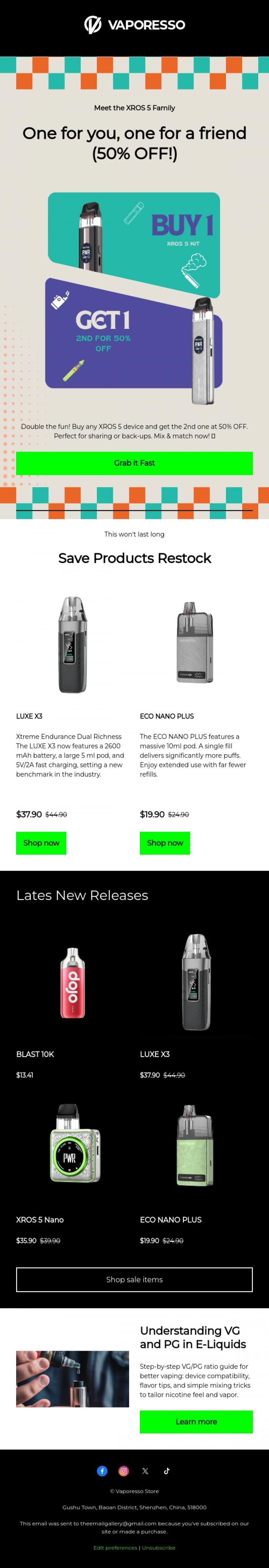 Email Design Inspiration from Vaporesso Store, 🛑 Stop Scrolling! 50% OFF your second XROS 5