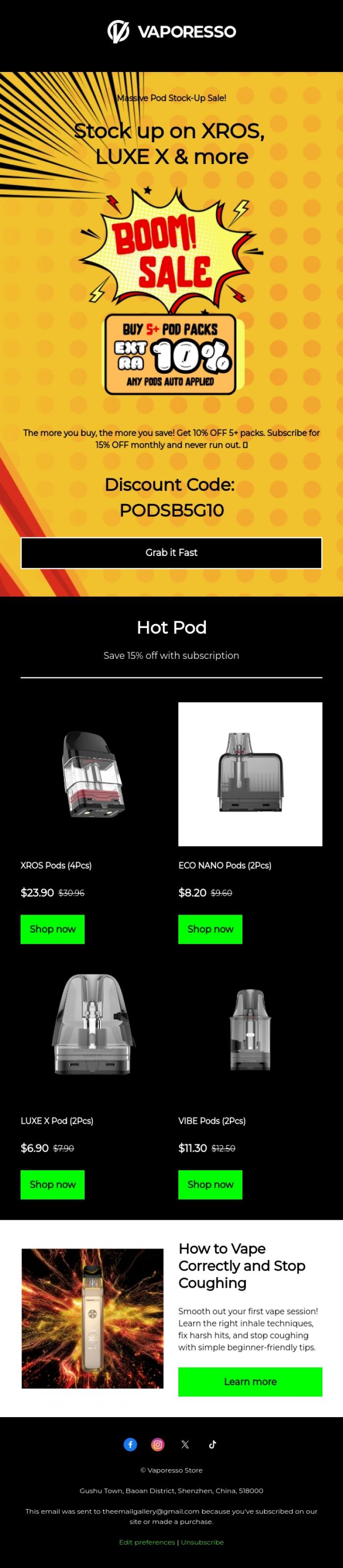 Email Design Inspiration from Vaporesso Store, Bigger Haul, Bigger Savings! 📦 Extra 10% OFF Pods