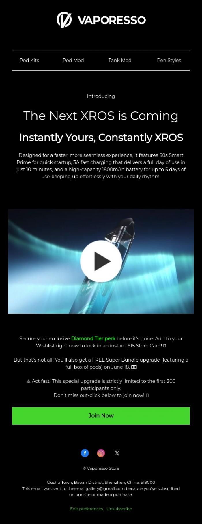 Email Design Inspiration from Vaporesso Store, 🚀 XROS 6 is LIVE! Add to Wishlist for Instant $15!