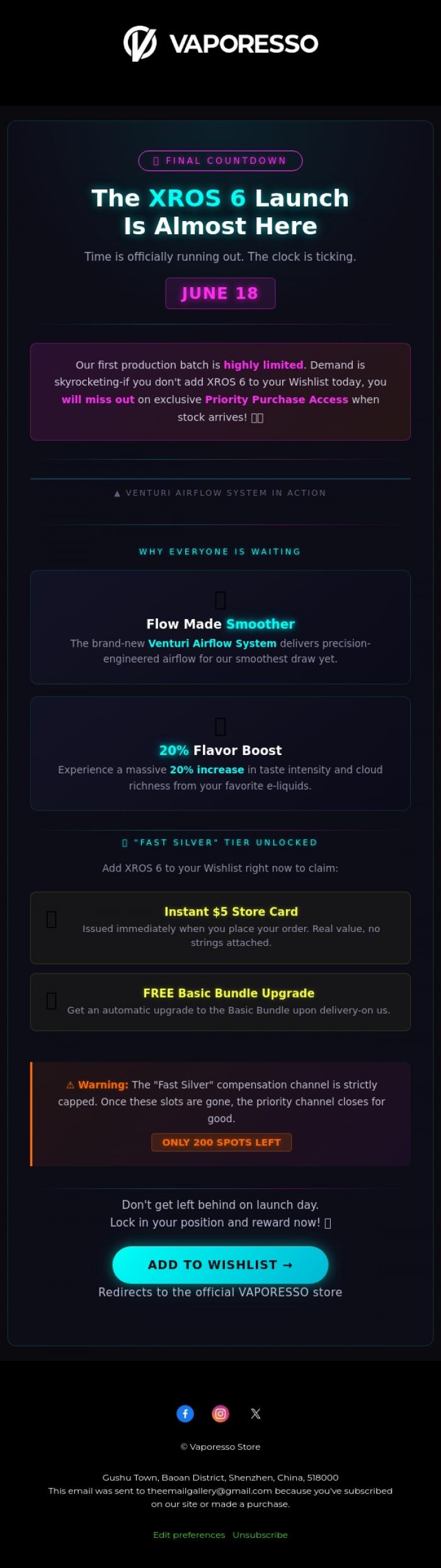 Email Design Inspiration from Vaporesso Store, 🚨 Last Chance! June 18 is Around the Corner-Wishlist XROS 6 Now!