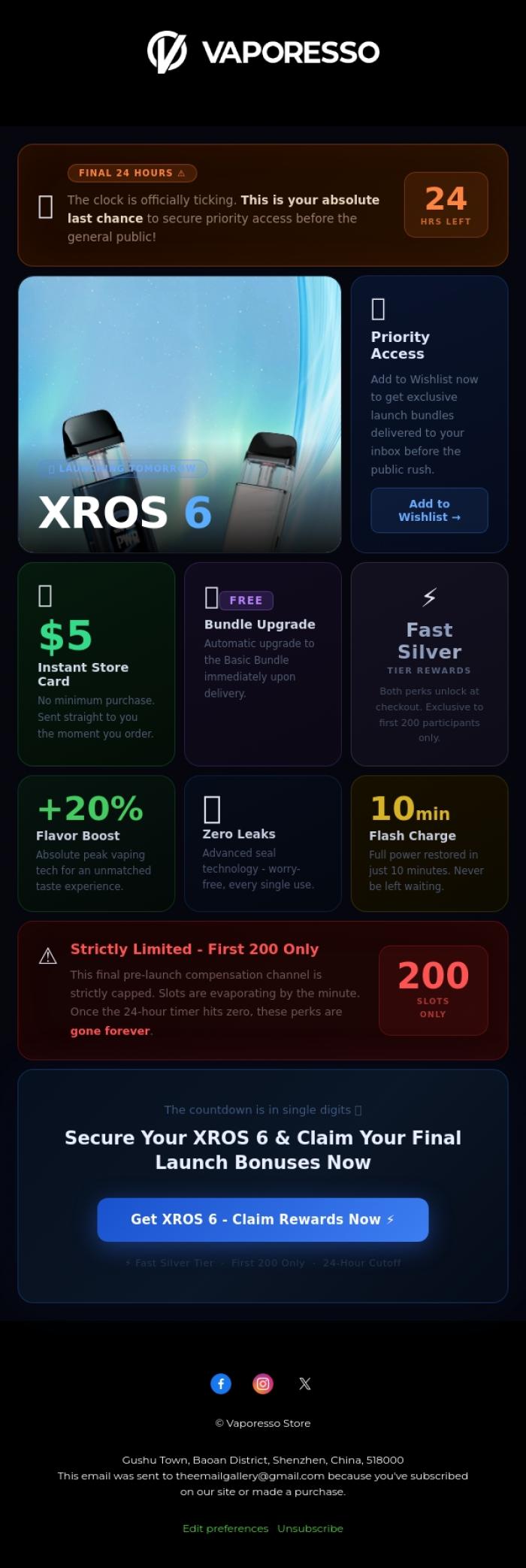 Email Design Inspiration from Vaporesso Store, ⏳ 24 HOURS LEFT: Lock Your XROS 6 Wishlist Perks Before They Vanish!