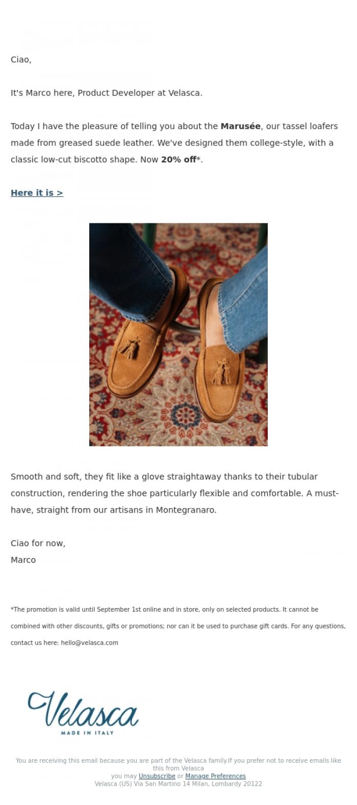 Email Design Inspiration from Velasca, The college-style loafers.