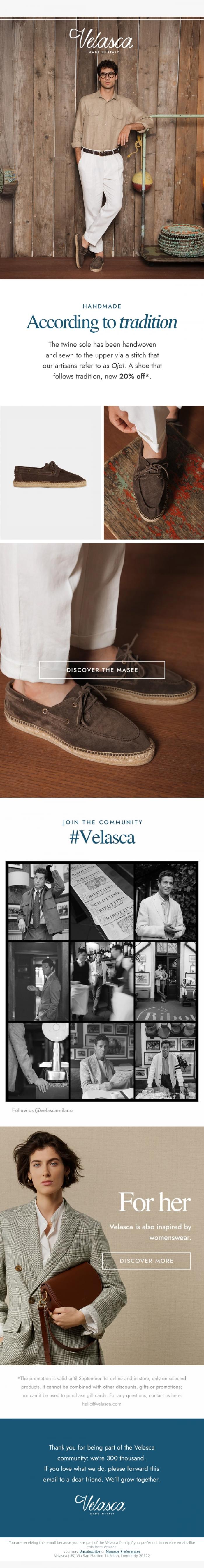 Email Design Inspiration from Velasca, Our espadrilles are now 20% off.