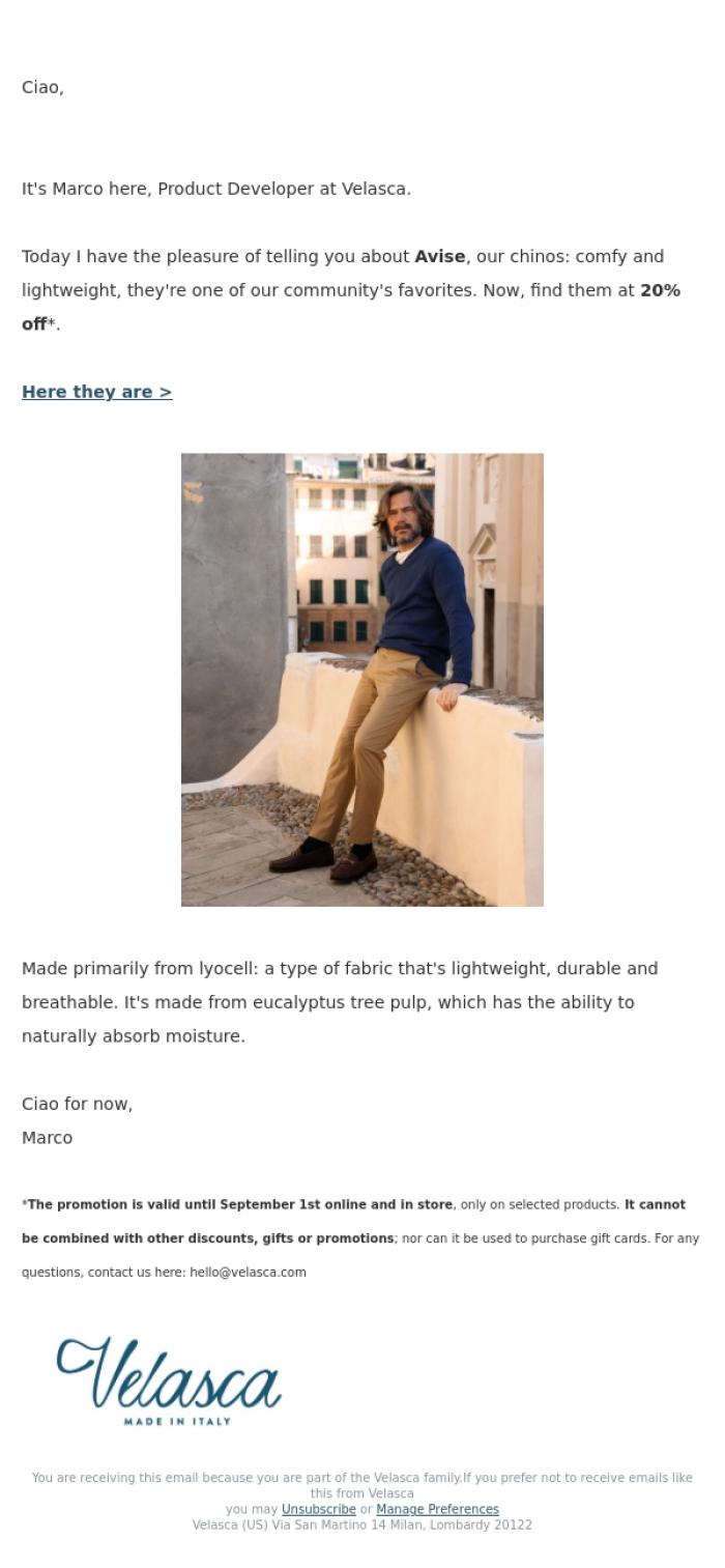 Email Design Inspiration from Velasca, Our most popular chino.