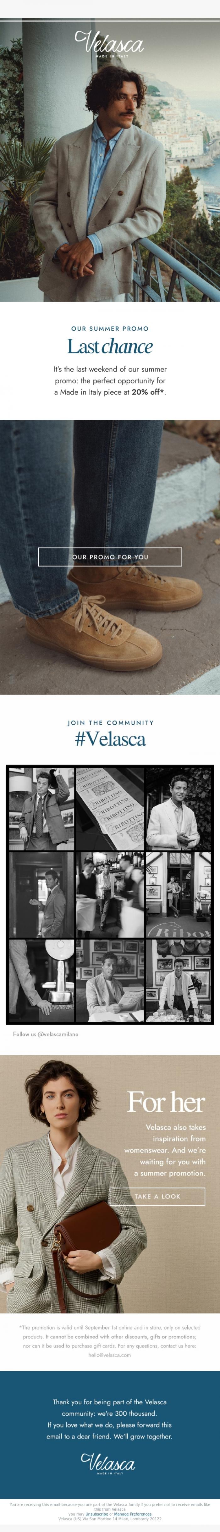 Email Design Inspiration from Velasca, Our last weekend at 20% off.