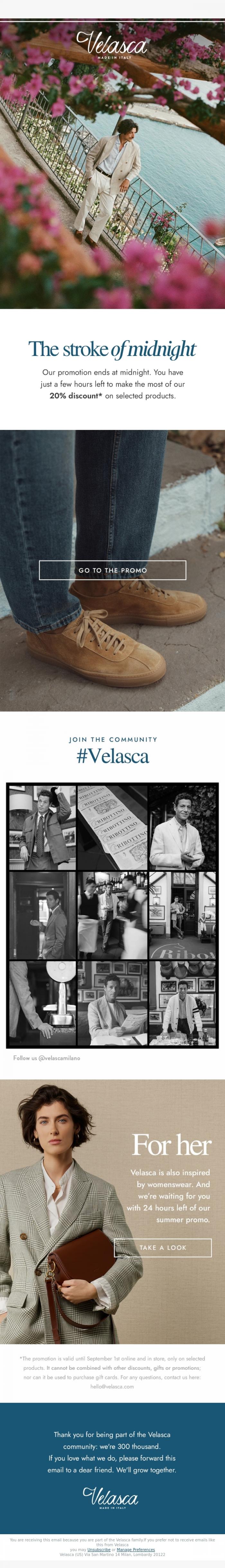 Email Design Inspiration from Velasca, 20% off until midnight.