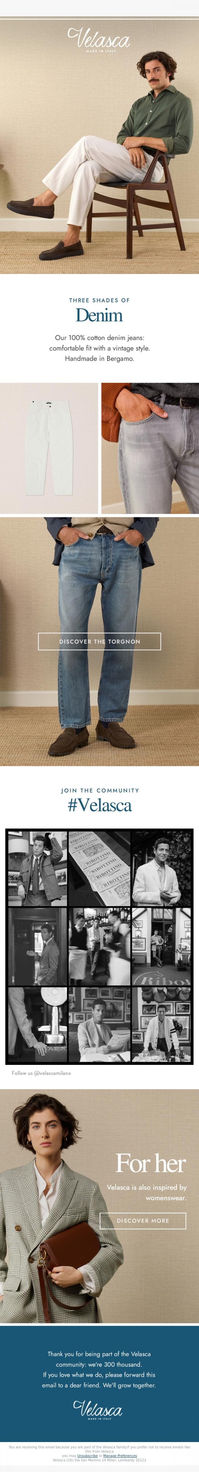 Email Design Inspiration from Velasca, 5 pockets and vintage style.