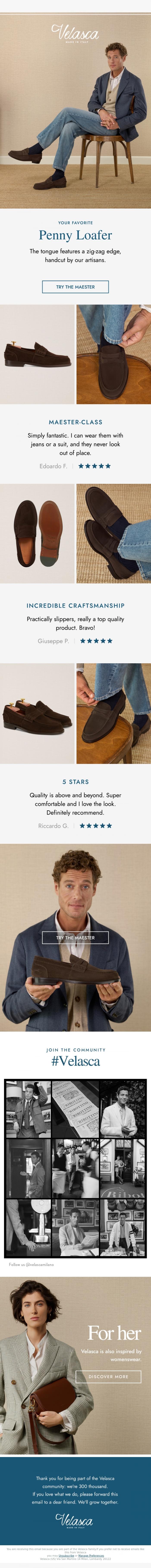 Email Design Inspiration from Velasca, One of our most popular penny loafers.
