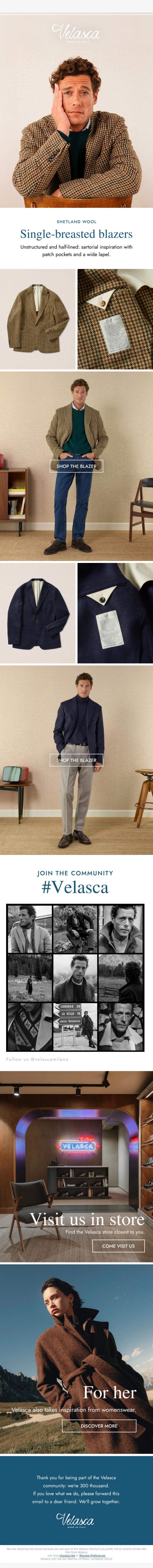 Email Design Inspiration from Velasca, Shetland wool single-breasted blazers.