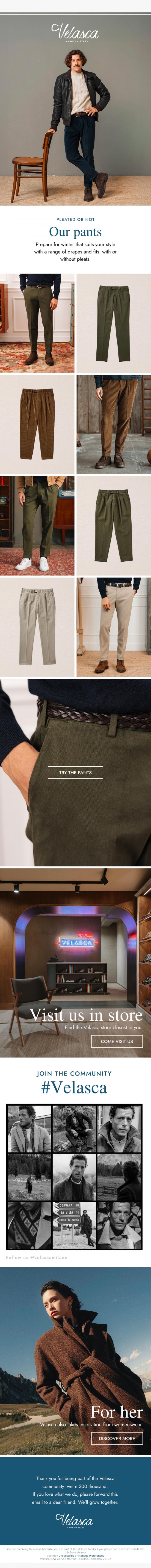 Email Design Inspiration from Velasca, Our pants.