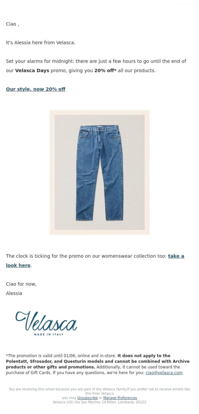 Email Design Inspiration from Velasca, 20% off only till midnight.