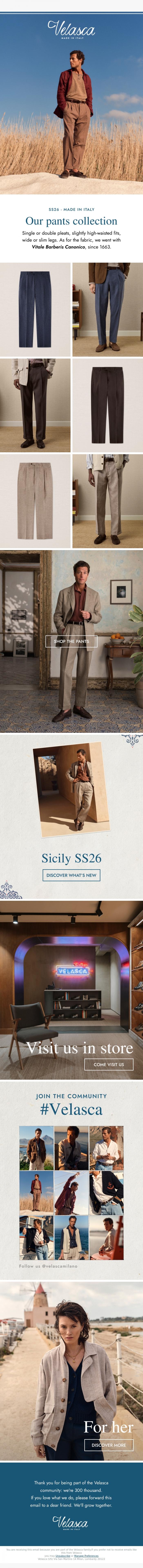 Email Design Inspiration from Velasca, Our summer pants: three different fits, three characters.