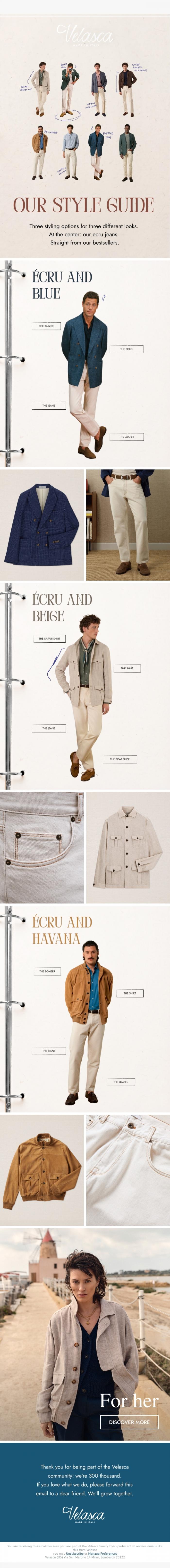 Email Design Inspiration from Velasca, Style guide: &eacute;cru jeans.