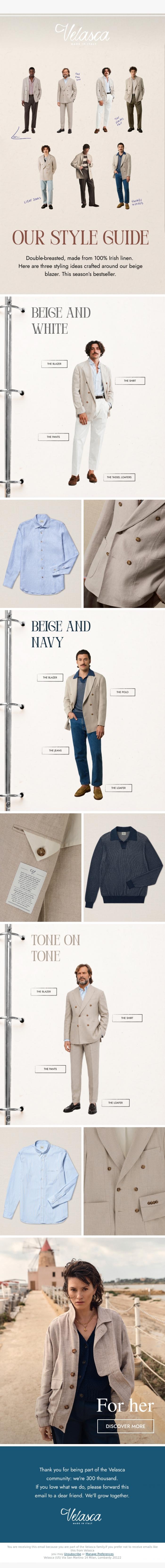 Email Design Inspiration from Velasca, Style guide: the beige blazer.