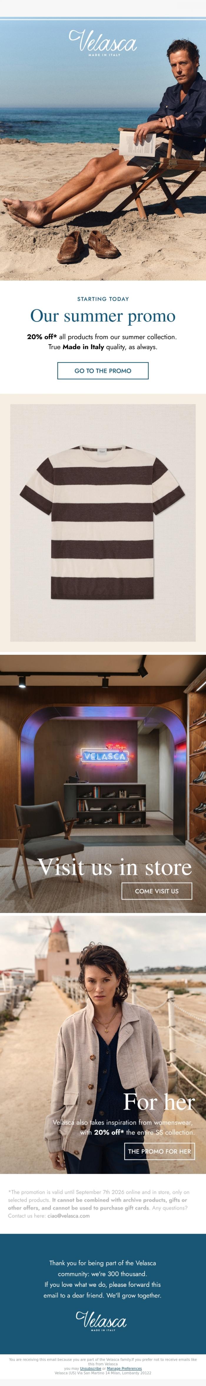 Email Design Inspiration from Velasca, Our summer promo starts today.