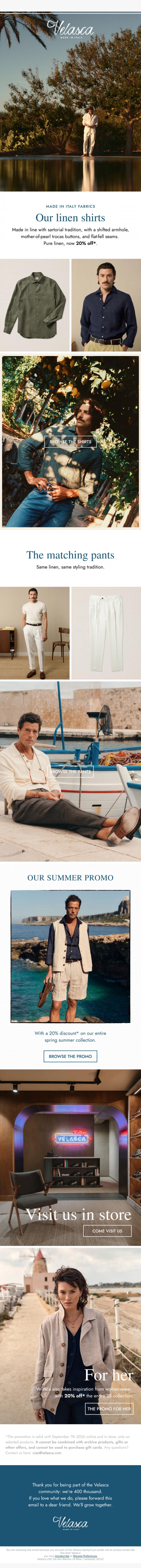 Email Design Inspiration from Velasca, 100% linen shirts.
