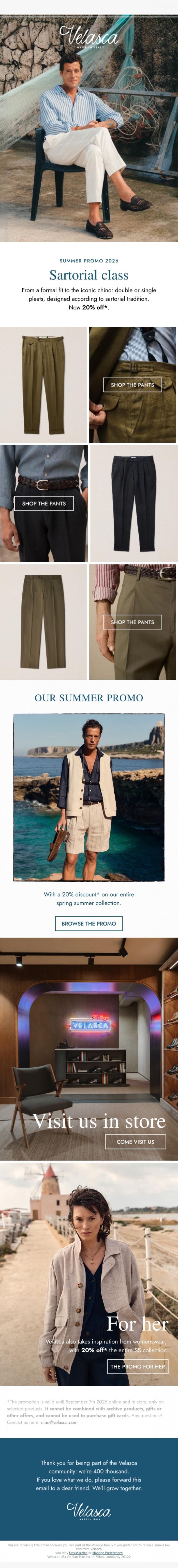 Email Design Inspiration from Velasca, Summer version of our classic pants.