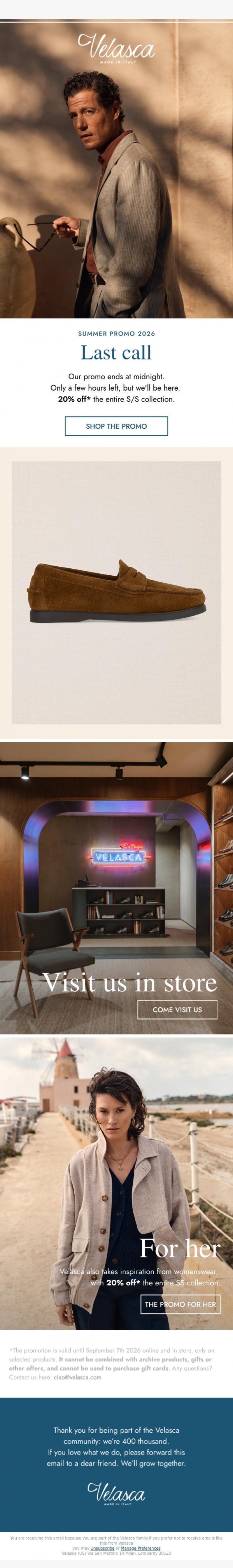 Email Design Inspiration from Velasca, 20% off until midnight only.