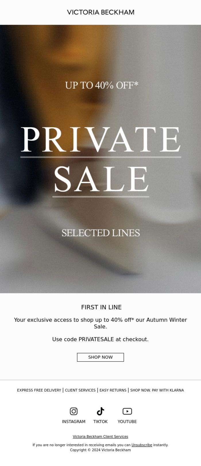 Email Design Inspiration from Victoria Beckham, Private Sale: Up to 40% off