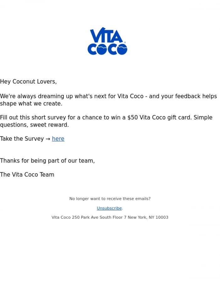 Email Design Inspiration from Vita Coco, Your feedback could score you $50 🥥