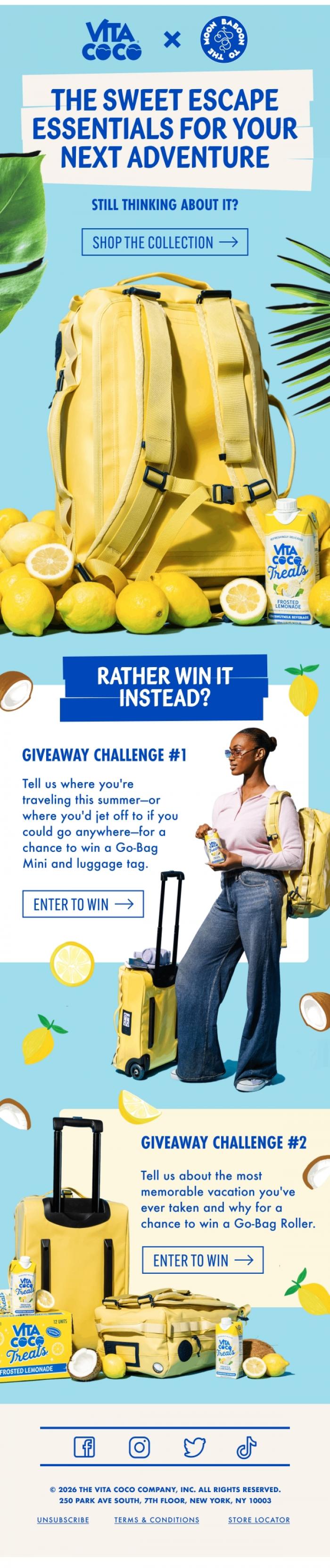 Email Design Inspiration from Vita Coco, Your summer carry-on *and* free Treats are waiting 🍋