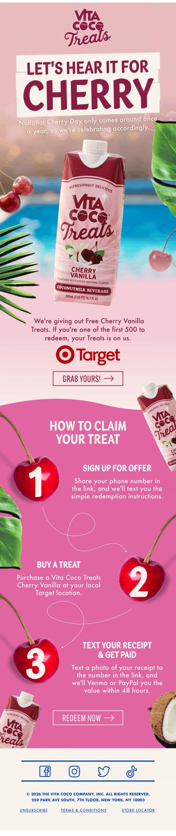Email Design Inspiration from Vita Coco, National Cherry Day = Free Treats 🍒
