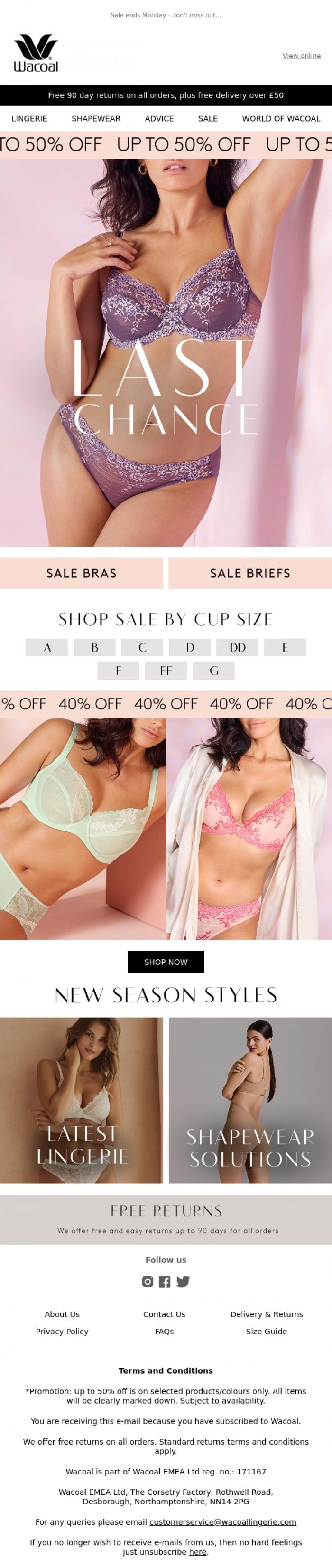 Email Design Inspiration from Wacoal, Last Chance | Up to 50% off