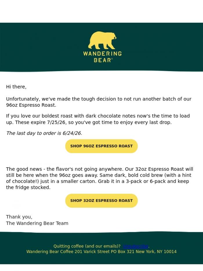 Email Design Inspiration from Wandering Bear, Stock up on 96oz Espresso Roast before it's gone