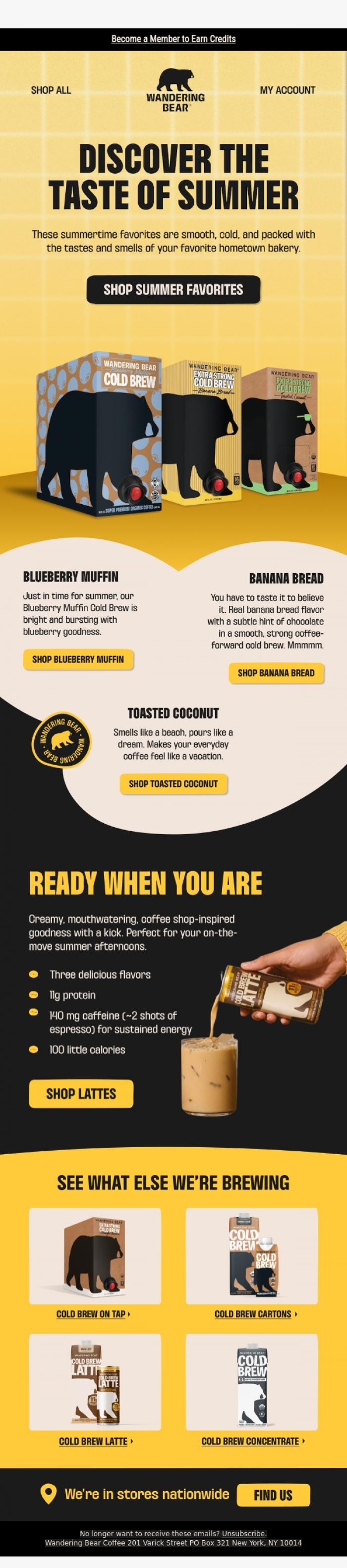 Email Design Inspiration from Wandering Bear, Your summer coffee lineup is here.