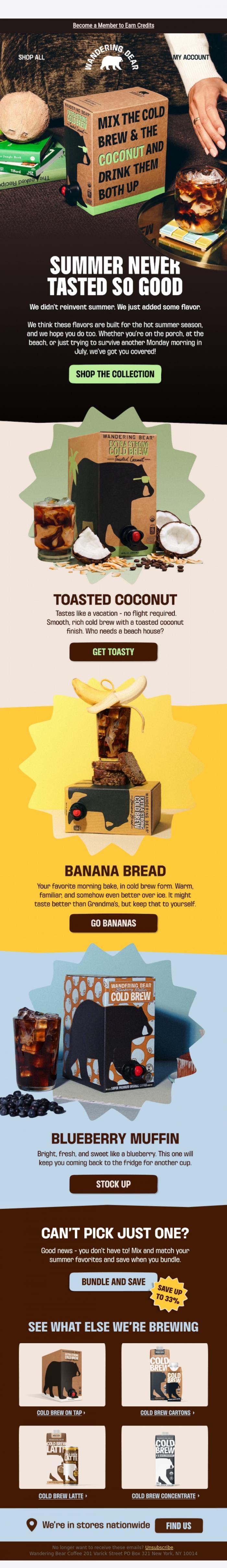 Email Design Inspiration from Wandering Bear, Your summer cold brew lineup has arrived ☀️