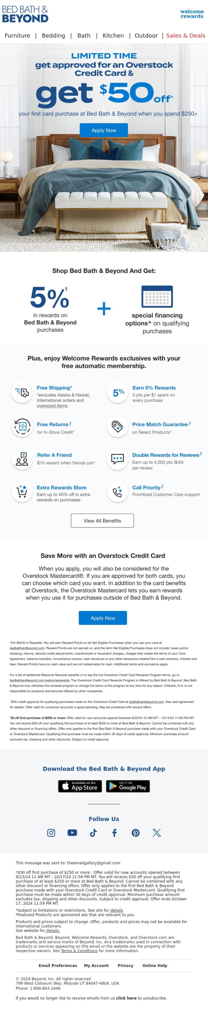 Email Design Inspiration from WelcomeRewards at Bed Bath & Beyond, Get $50 Back For Your First Purchase of $250+