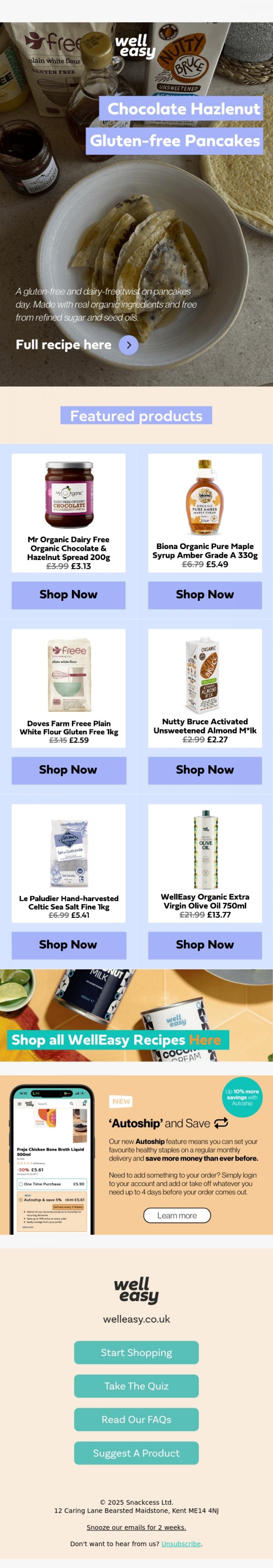 Email Design Inspiration from WellEasy, Chocolate Hazelnut Gluten Free Pancakes
