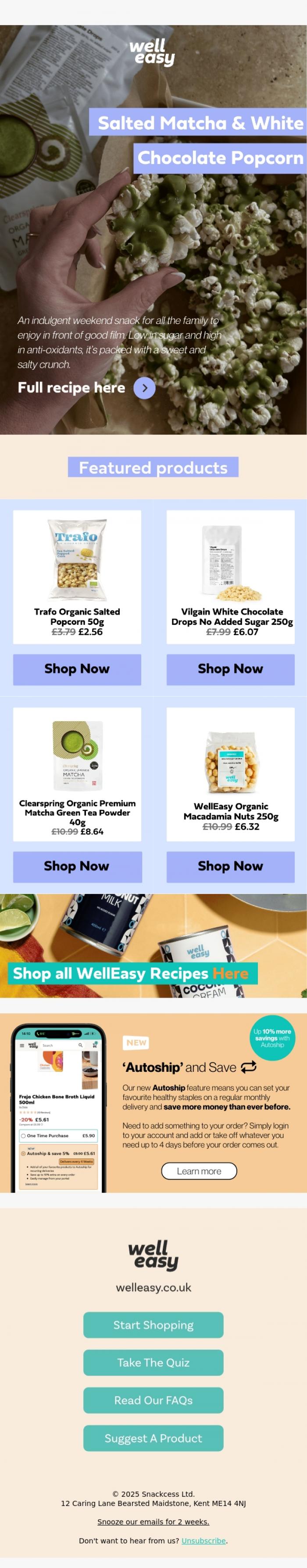 Email Design Inspiration from WellEasy, Popcorn Just Got a Matcha Upgrade