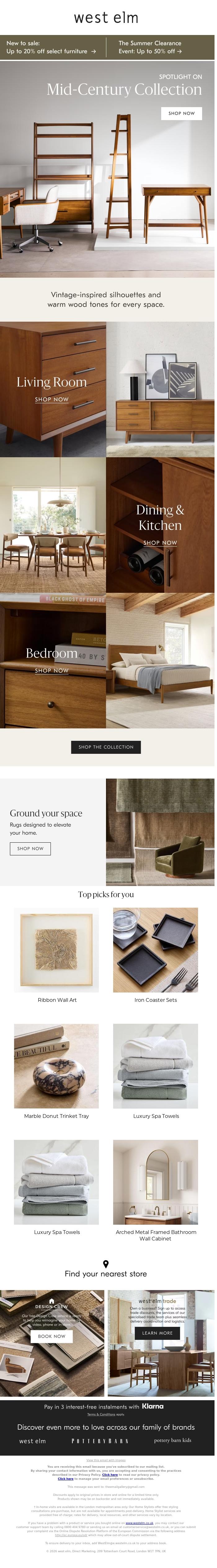 Email Design Inspiration from West Elm, Mid-Century bestsellers, for every room