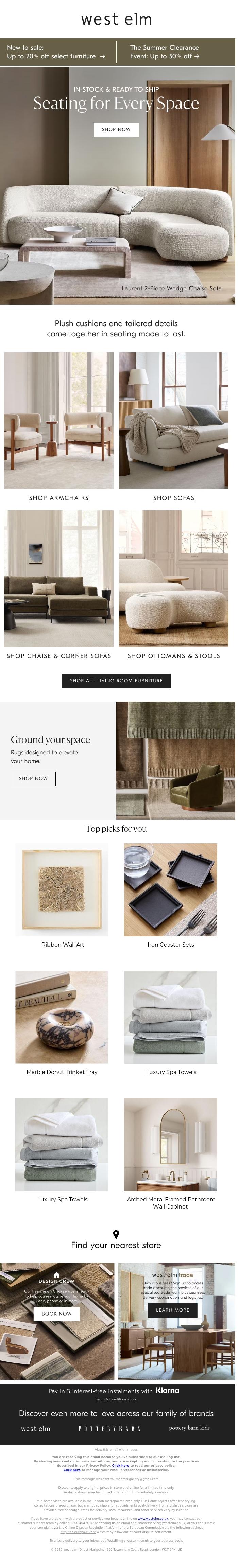 Email Design Inspiration from West Elm, In-stock seating for every space
