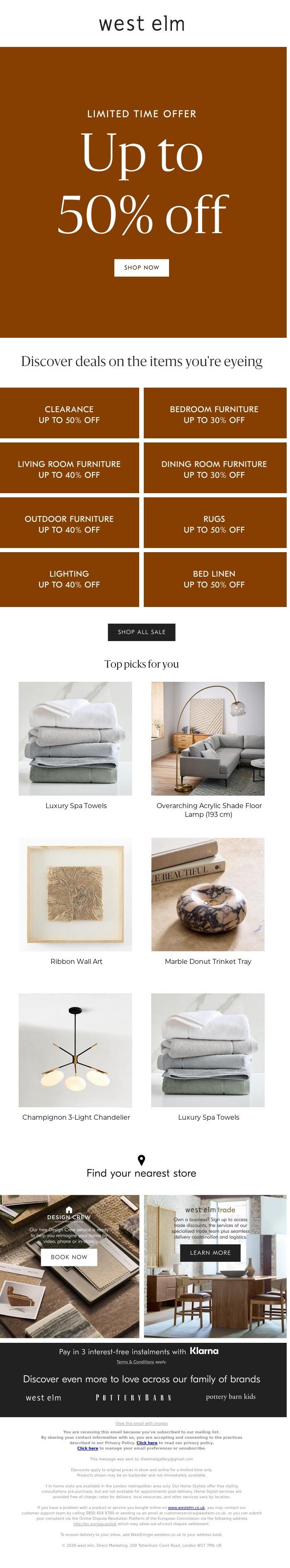 Email Design Inspiration from West Elm, Up to 50% off for a limited time 👀