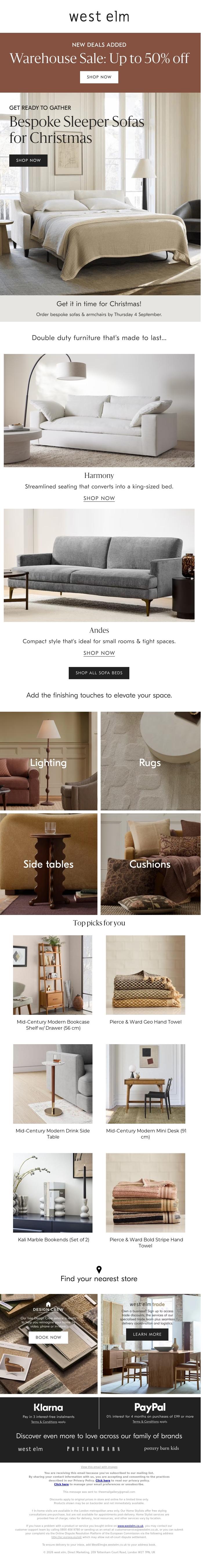 Email Design Inspiration from West Elm, Bespoke sleeper sofas, in time for Christmas!