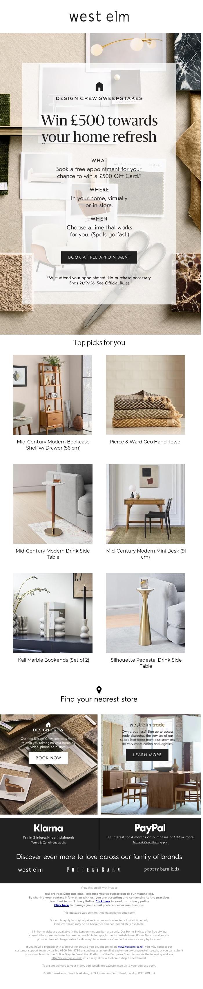 Email Design Inspiration from West Elm, Want &pound;500 for an Autumn home refresh?