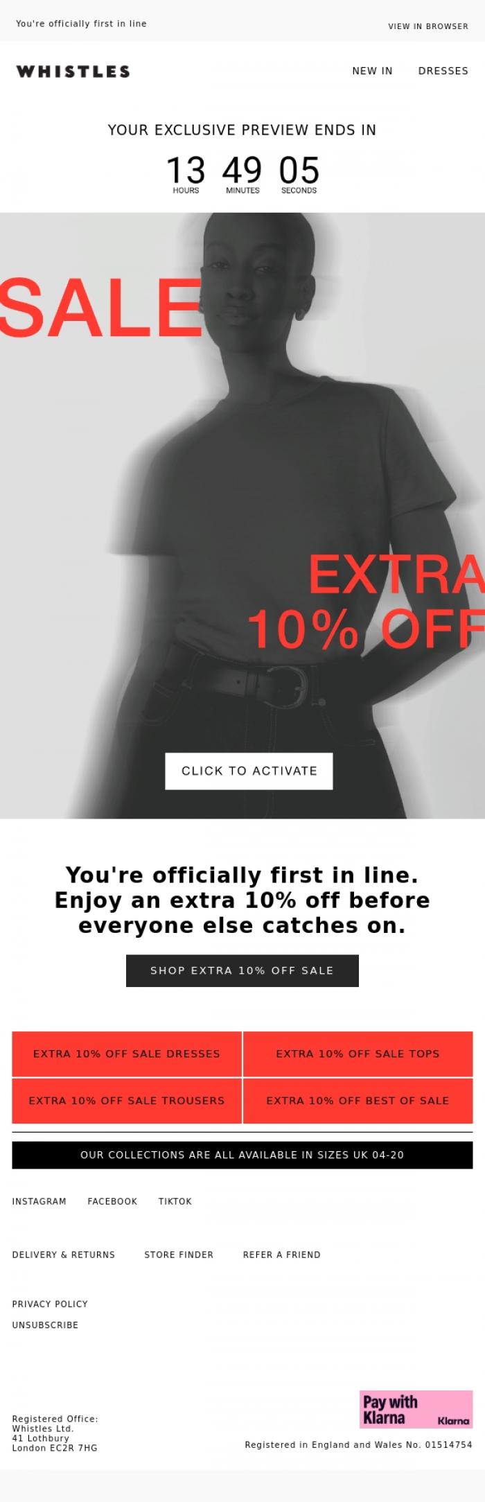 Email Design Inspiration from WHISTLES, 24hr preview: extra 10% off SALE