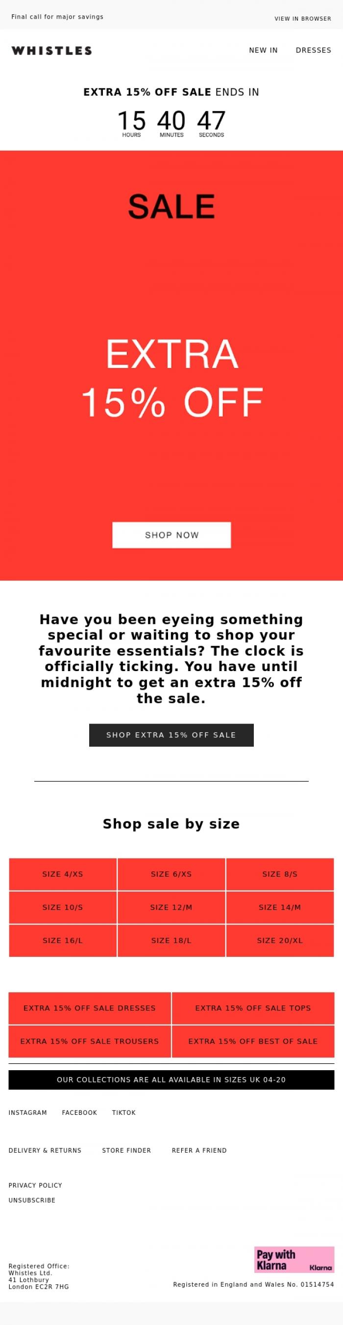 Email Design Inspiration from WHISTLES, Ends midnight: extra 15% off SALE