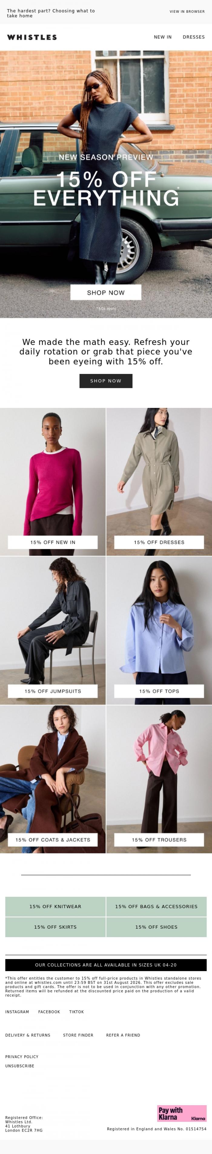 Email Design Inspiration from WHISTLES, Good news: 15% off is here