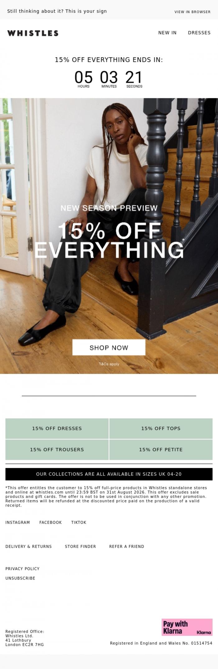 Email Design Inspiration from WHISTLES, 15% off, for a few more hours