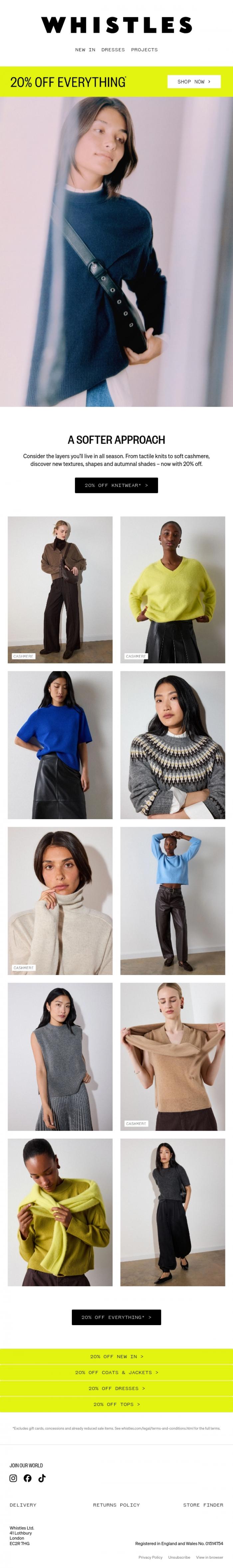 Email Design Inspiration from WHISTLES, 20% off: Cashmere, knitwear, and more