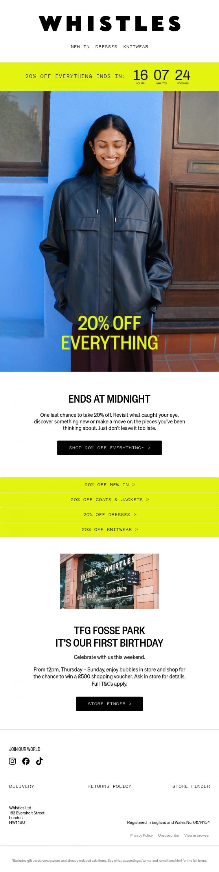 Email Design Inspiration from WHISTLES, Ends midnight: 20% off everything*
