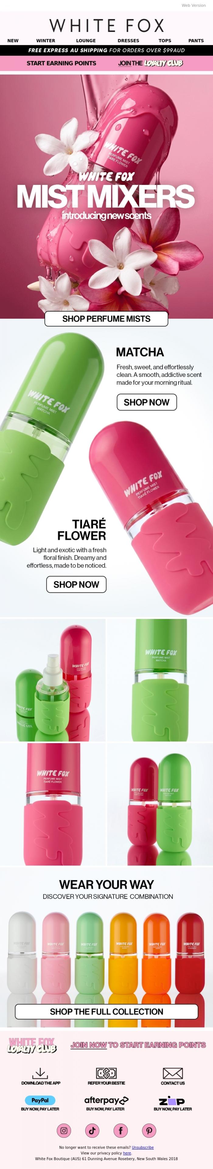 Email Design Inspiration from White Fox Boutique, New Mist Mixers just dropped 🍵🌸