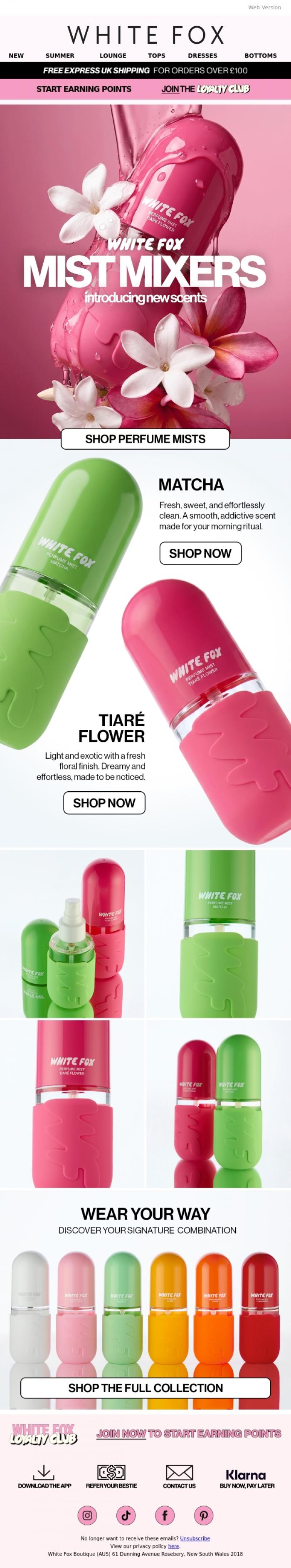 Email Design Inspiration from White Fox Boutique, New Mist Mixers just dropped 🍵🌸