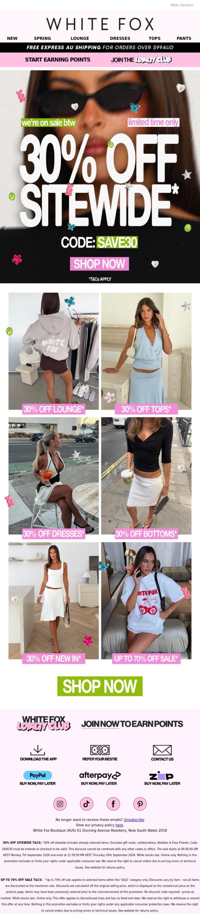 Email Design Inspiration from White Fox Boutique, 🚨 30% OFF SITEWIDE 🚨