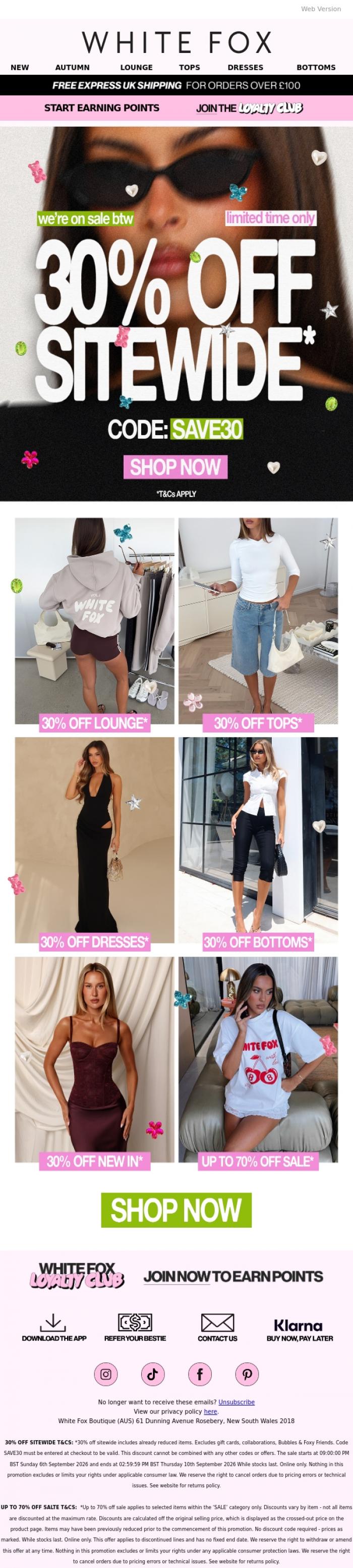 Email Design Inspiration from White Fox Boutique, 🚨 30% OFF SITEWIDE 🚨