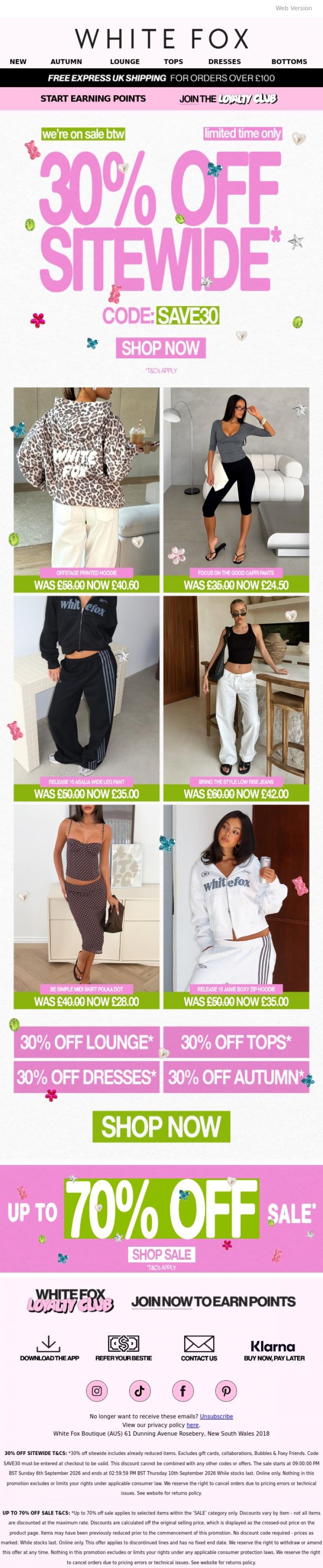 Email Design Inspiration from White Fox Boutique, 30% OFF BEST SELLERS 👀