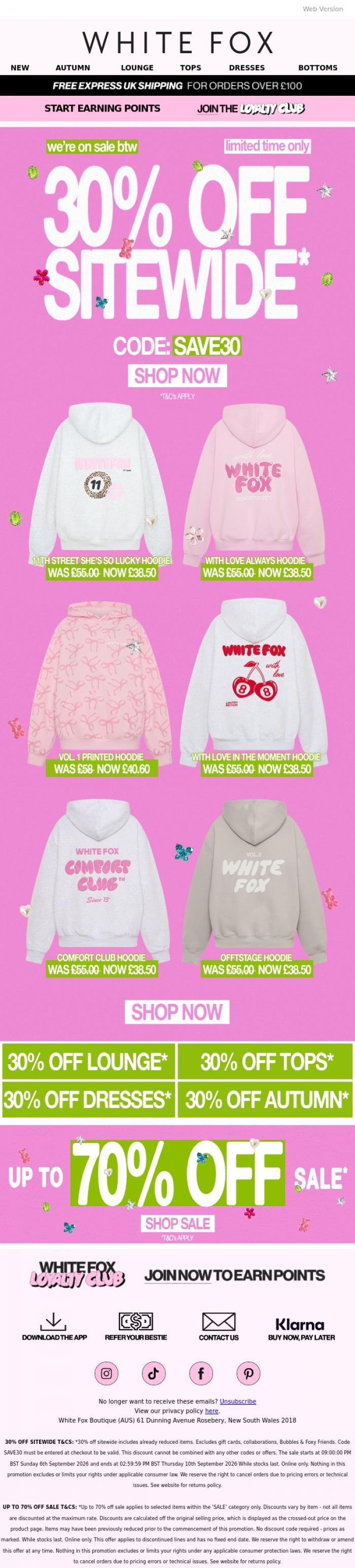 Email Design Inspiration from White Fox Boutique, 30% OFF ALL LOUNGE 🤏